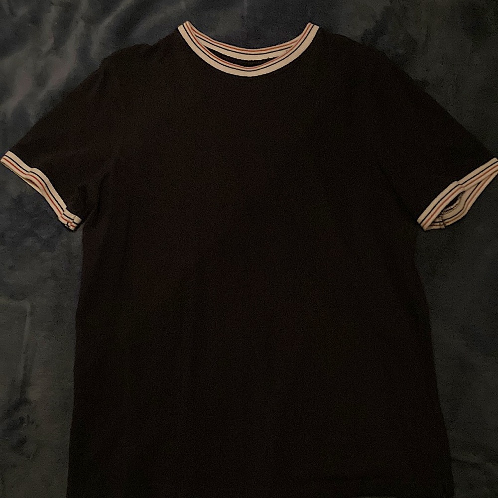 Navy blue with white and red trim, paperdenim&cloth mens small t-shirt.